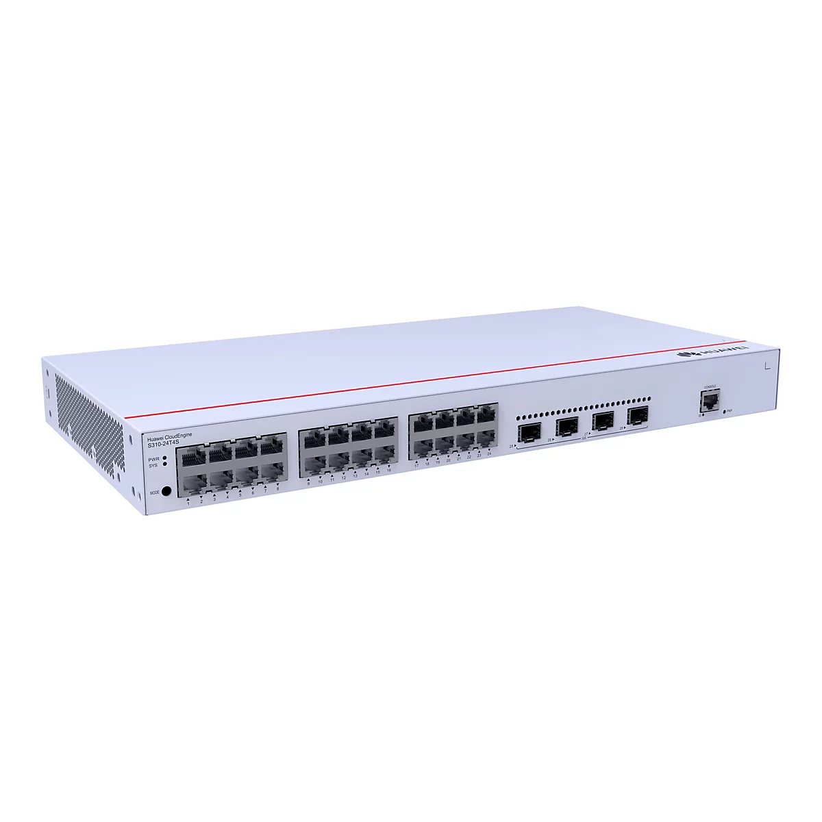 Weißer Huawei CloudEngine S310-24T4S Netzwerk-Switch mit zahlreichen Anschlüssen auf weißem Hintergrund.
