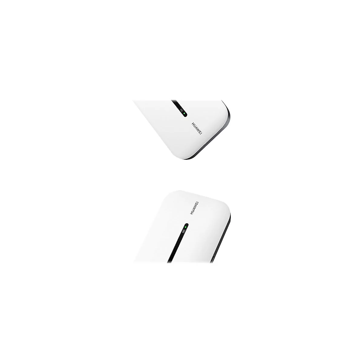 Zwei weiße Huawei-Router, einer leicht gedreht, mit schwarzem Rahmen und grünem Licht. Huawei-Schriftzug sichtbar.