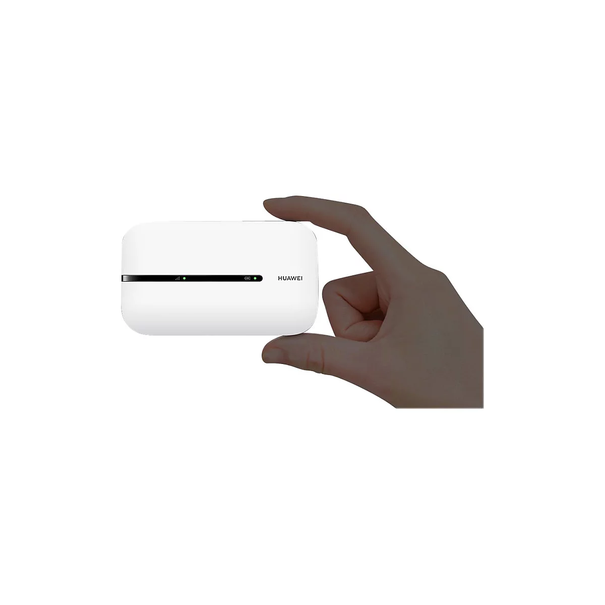 Weißer Huawei WLAN-Router, gehalten in einer Hand. Auf dem Router sind grüne Lichter zu sehen.