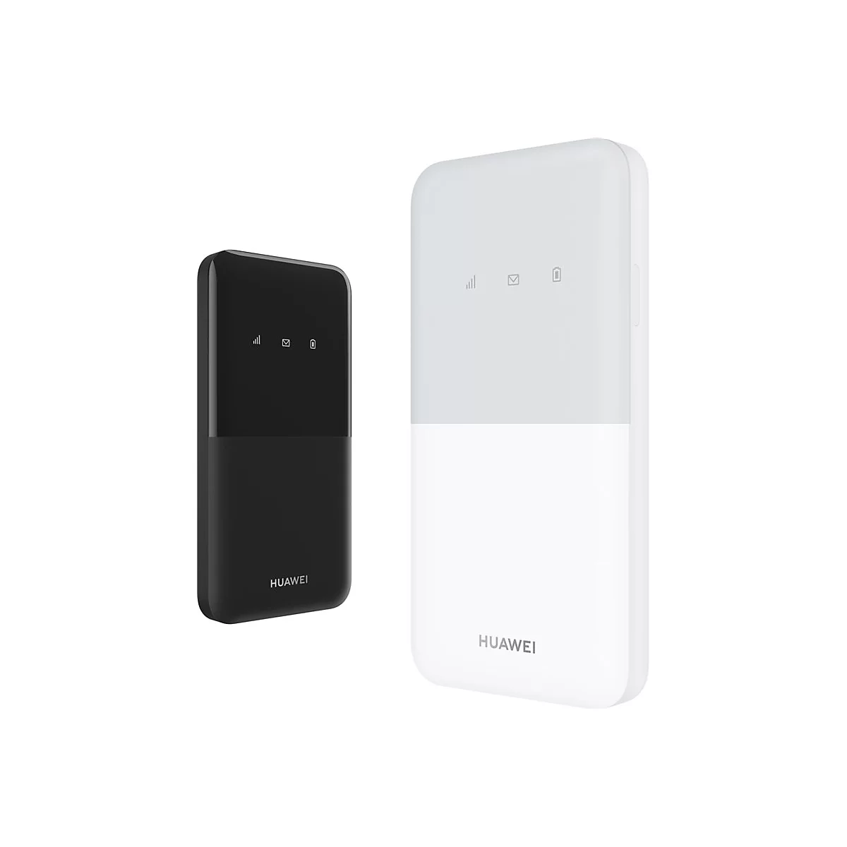 Zwei Huawei mobile WLAN-Router in Schwarz und Weiß vor weißem Hintergrund.