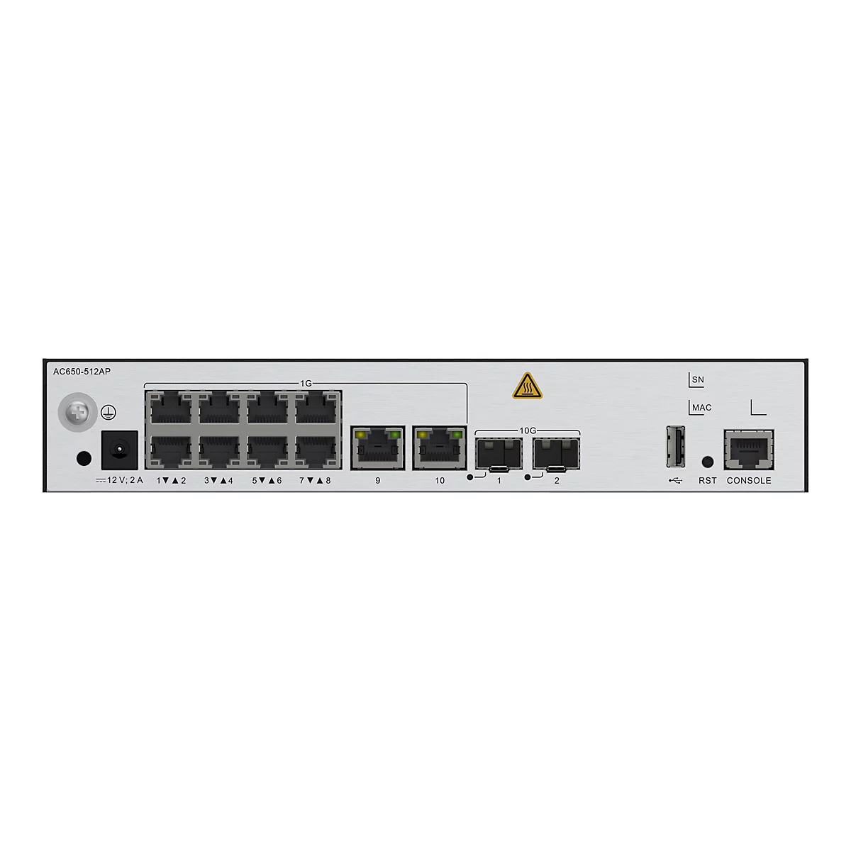 Vorderansicht eines Netzwerk-Switches AC650-512AP mit verschiedenen Ports, Anschlüssen und einer Warnanzeige.