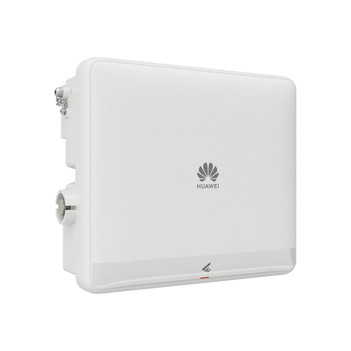 Weißes Huawei-Gerät mit Logo und Anschlüssen, diagonal strukturiert. Unten ein roter Strich.