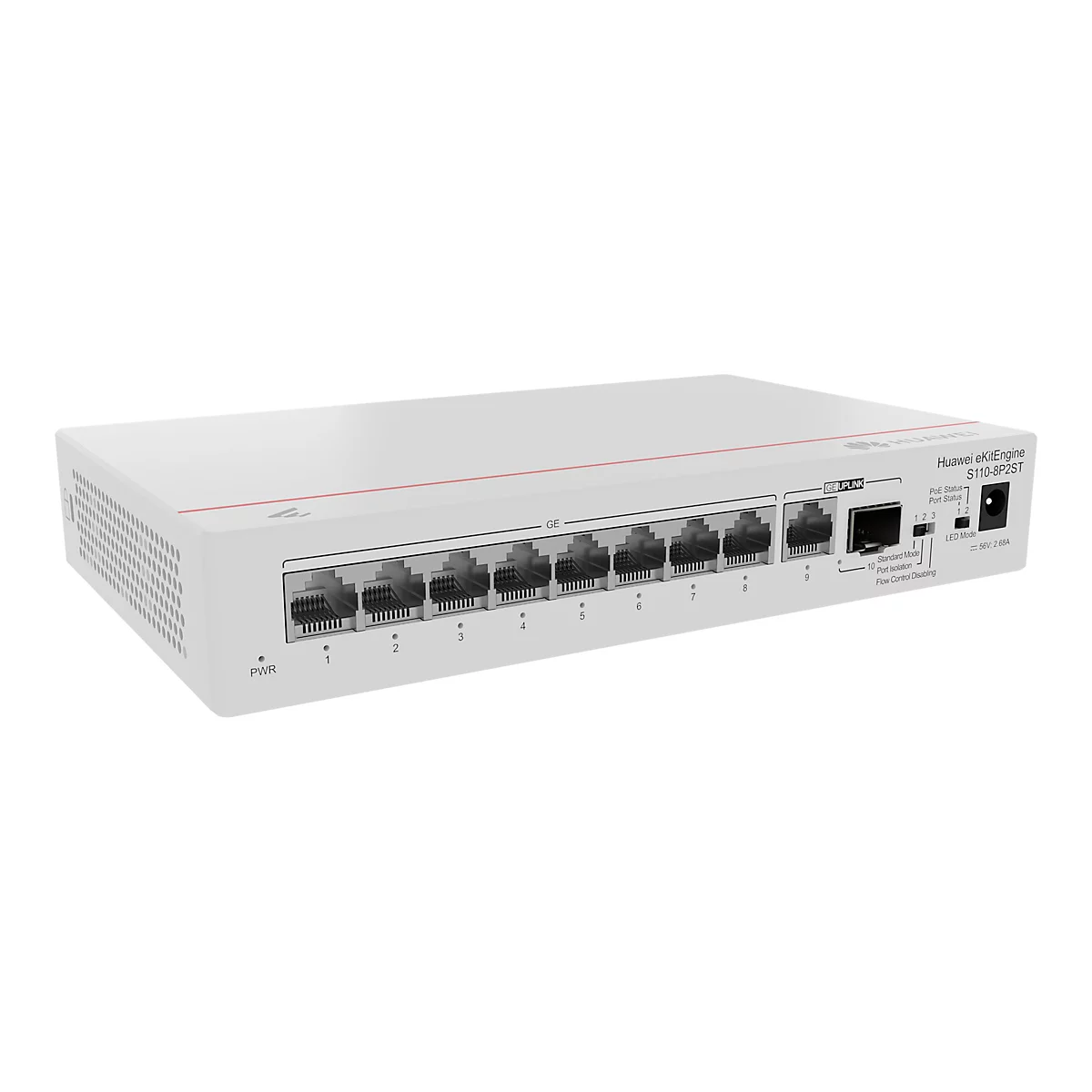 Ein weißer Huawei eKitEngine S110-8P2ST Switch, mit mehreren Ports und Anschlüssen. Der Switch ist auf einer weißen Oberfläche vor hellem Hintergrund platziert.