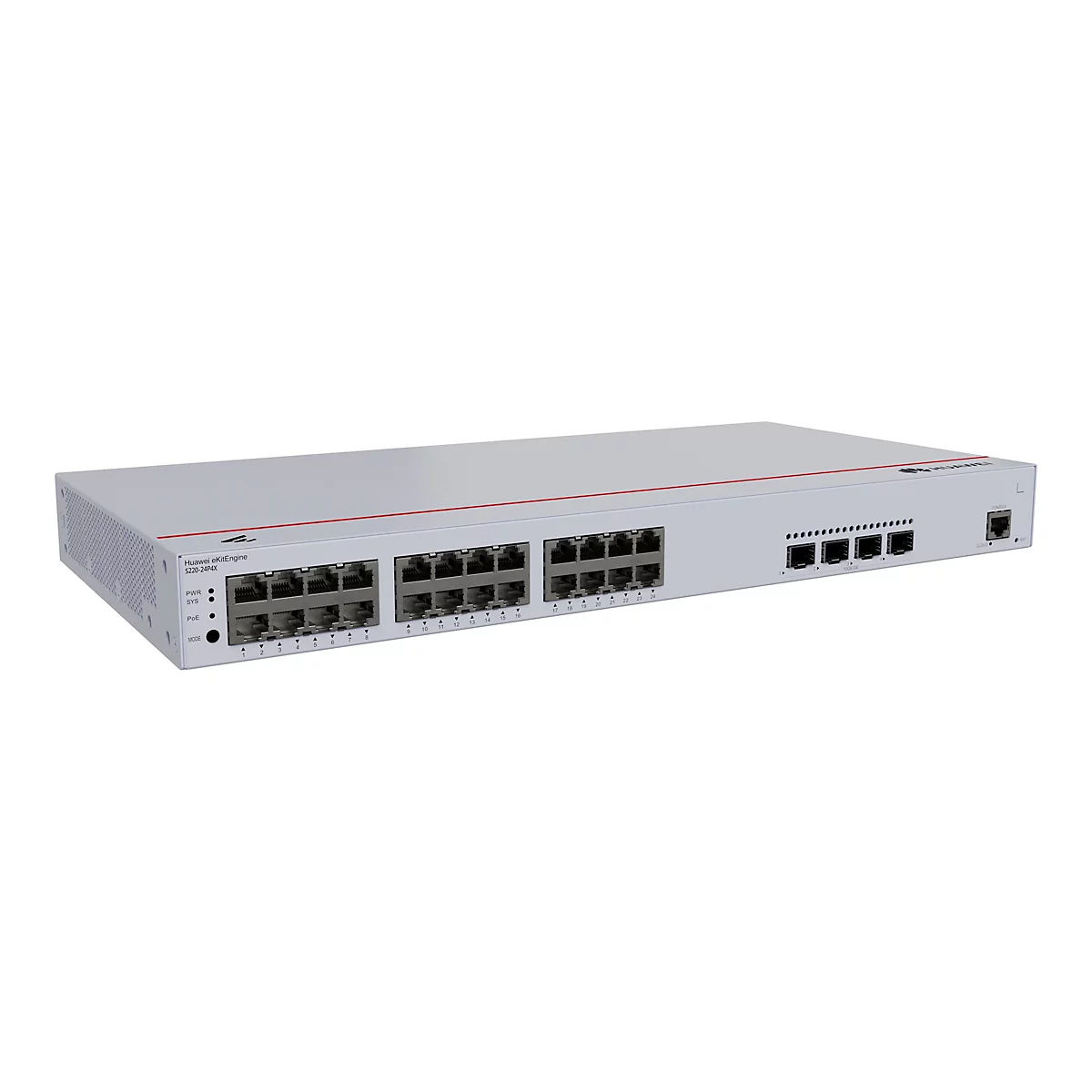 Un commutateur Huawei eKitEngine S220-24P4X gris sur fond blanc. Le dessus a une bande rouge. La façade comporte plusieurs ports et voyants.
