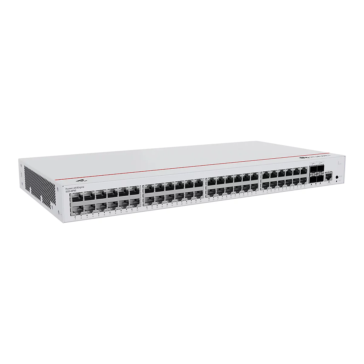 Ein weißer Netzwerk-Switch mit zahlreichen Anschlüssen, schwarzen Lüftungsschlitzen und einem roten Streifen. Das Huawei-Logo ist zu sehen.