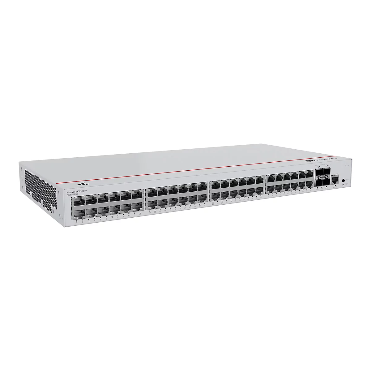 Ein weißer Netzwerk-Switch mit vielen Anschlüssen. Aufschrift "Huawei eKitEngine S220-48P4X".