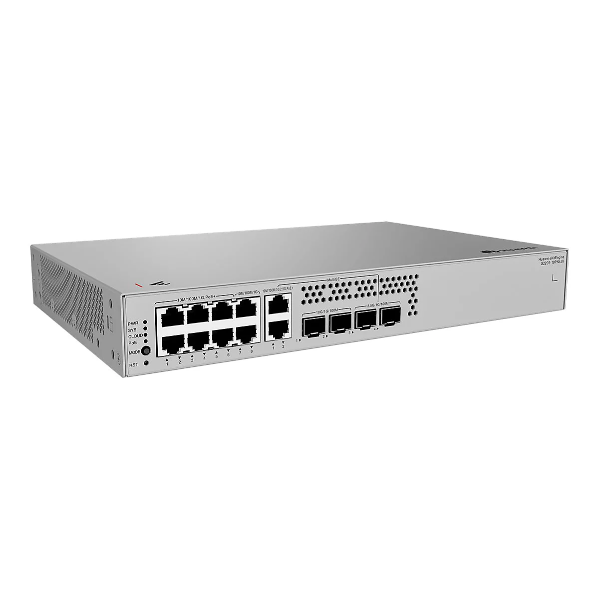 Ein silberner Netzwerkswitch mit Ports, Beschriftungen und Anzeigen. Oben rechts steht "Huawei eKitEngine S2205-10PN4JX".