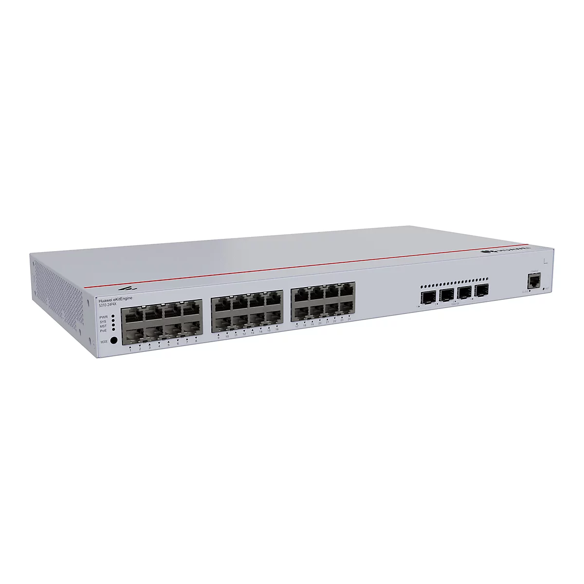 Ein grauer Huawei eKitEngine Switch S310-24P4X mit zahlreichen Anschlüssen und Anzeigen. Die Anschlüsse sind in Reihen angeordnet, daneben befinden sich Leuchten für den Betriebsstatus und andere Funktionen. Das Huawei-Logo ist deutlich sichtbar.