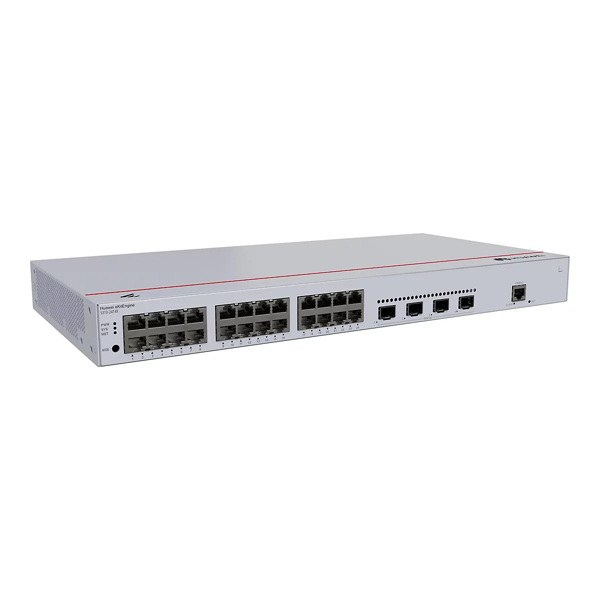 Ein silberfarbener Huawei eKitEngine Switch vor weißem Hintergrund. Der Switch hat viele Ports und Anschlüsse.