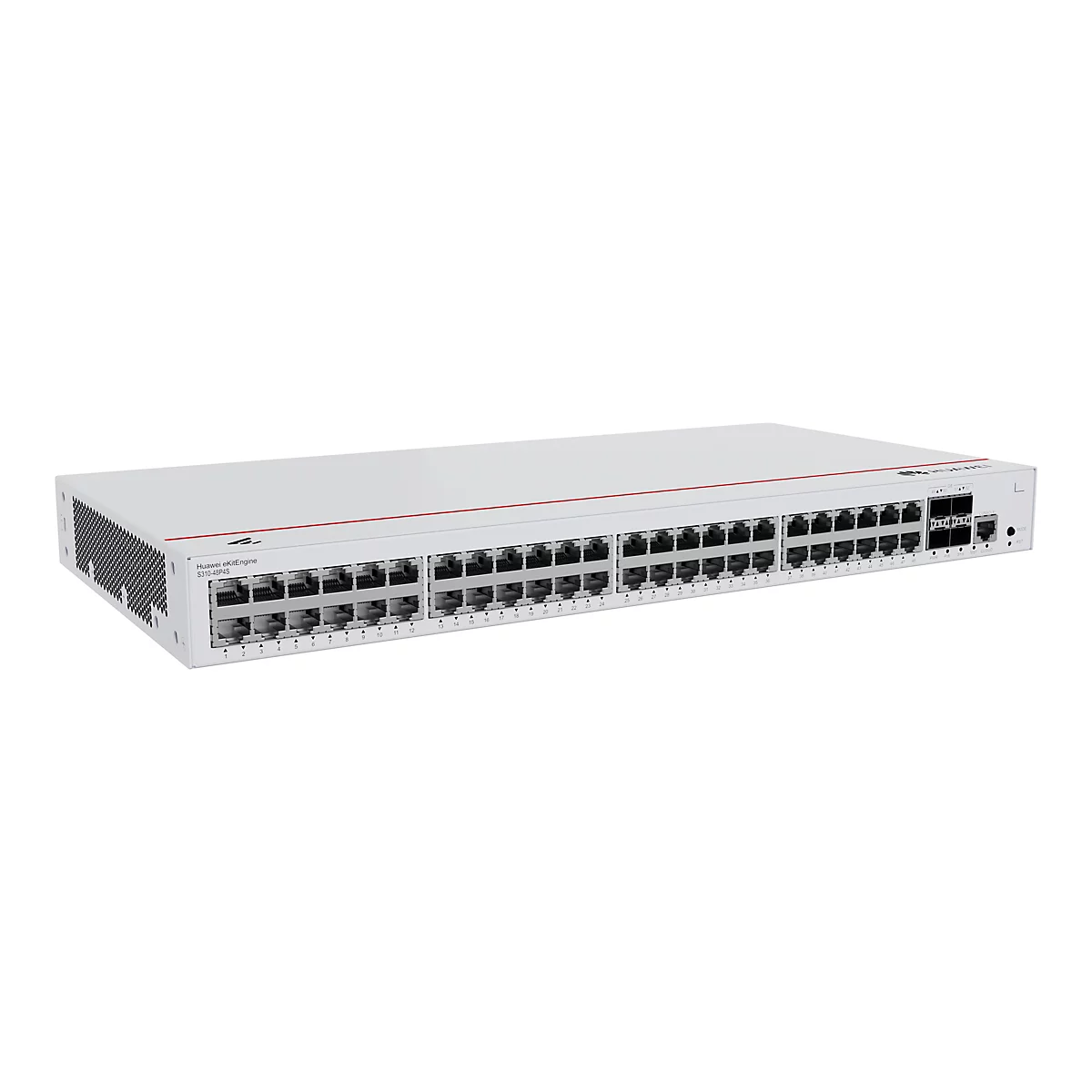 Ein weißer Huawei Netzwerk-Switch mit Ports und Beschriftungen. Das Gerät steht vor weißem Hintergrund.