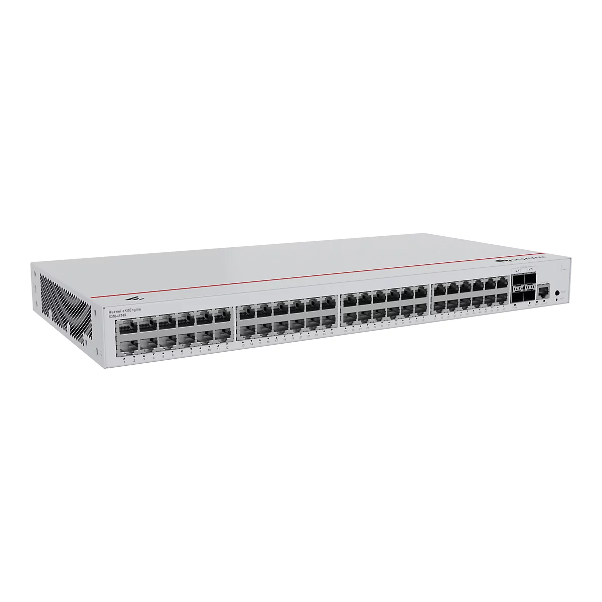 Ein weißer Huawei Netzwerk-Switch, mit mehreren Ports. Beschriftet mit "Huawei eKitEngine S310-48T4X".