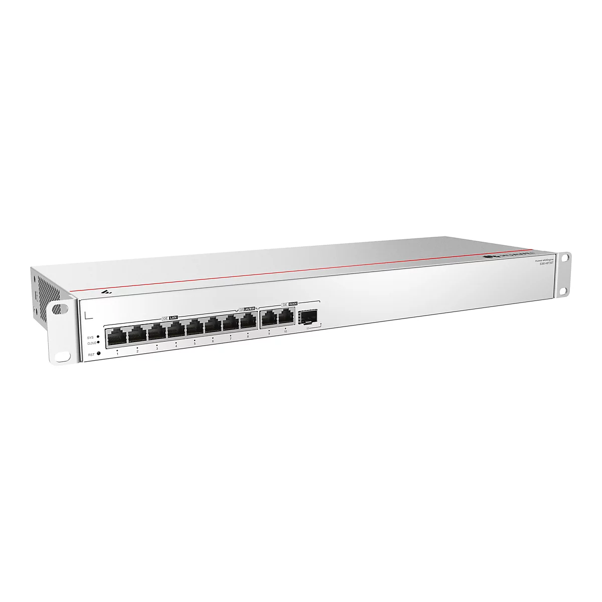 Ein grauer Netzwerk-Switch mit Ports und Kontrollleuchten. Auf der Oberseite befindet sich ein roter Streifen und der Schriftzug "Huawei".