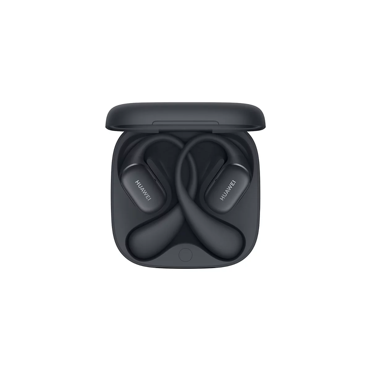 Schwarze Huawei Open-Ear Kopfhörer mit Ladecase bei geöffnetem Deckel vor weißem Hintergrund.