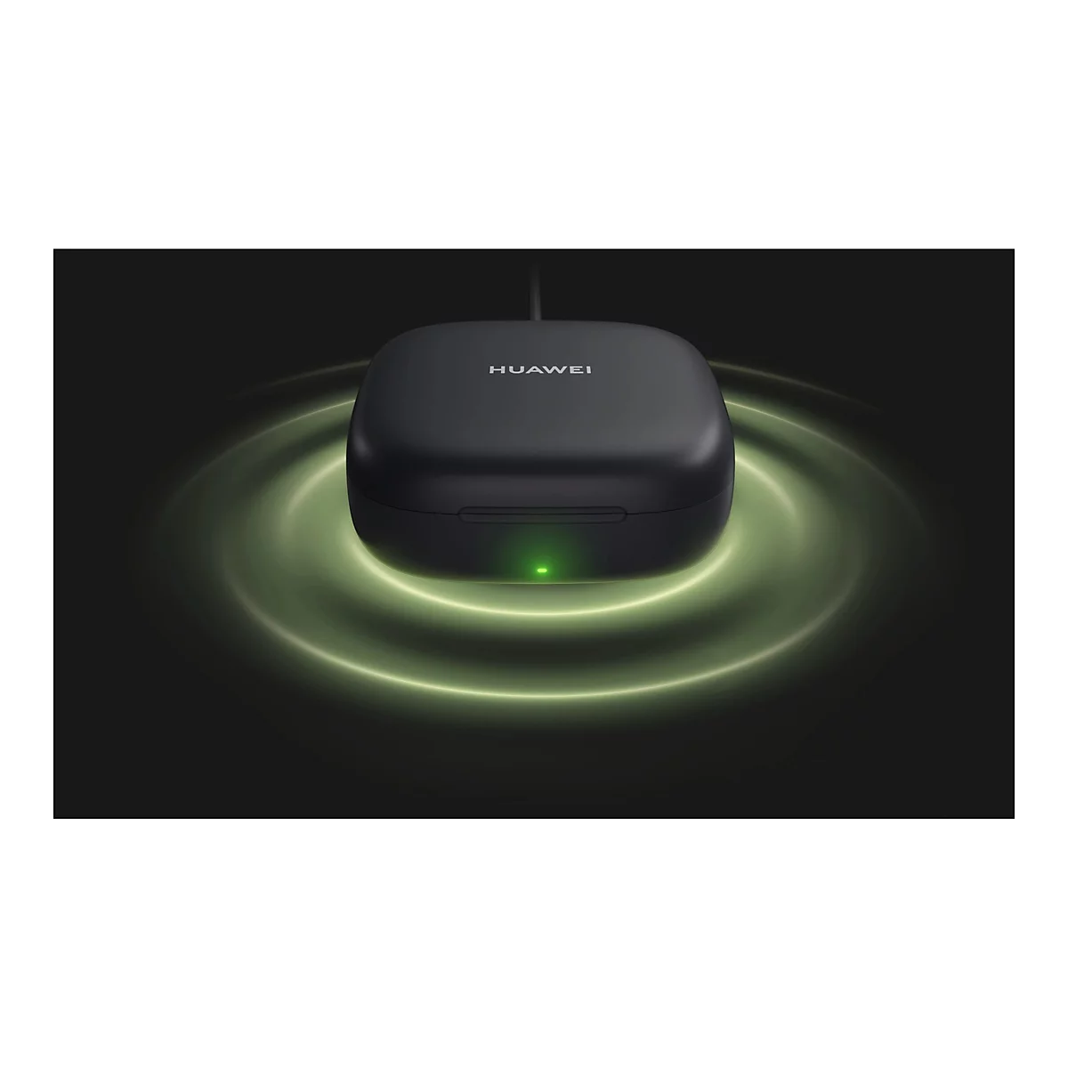 Drahtlose Ladebox mit Kopfhörer. Auf der Box steht "HUAWEI". Der Hintergrund ist dunkelgrün und zeigt Energie in Ringen.