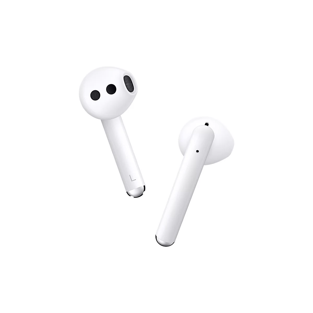 Zwei weiße kabellose Ohrhörer vor weißem Hintergrund. Der linke Ohrhörer hat drei schwarze Punkte, der rechte hat einen einzelnen Punkt.