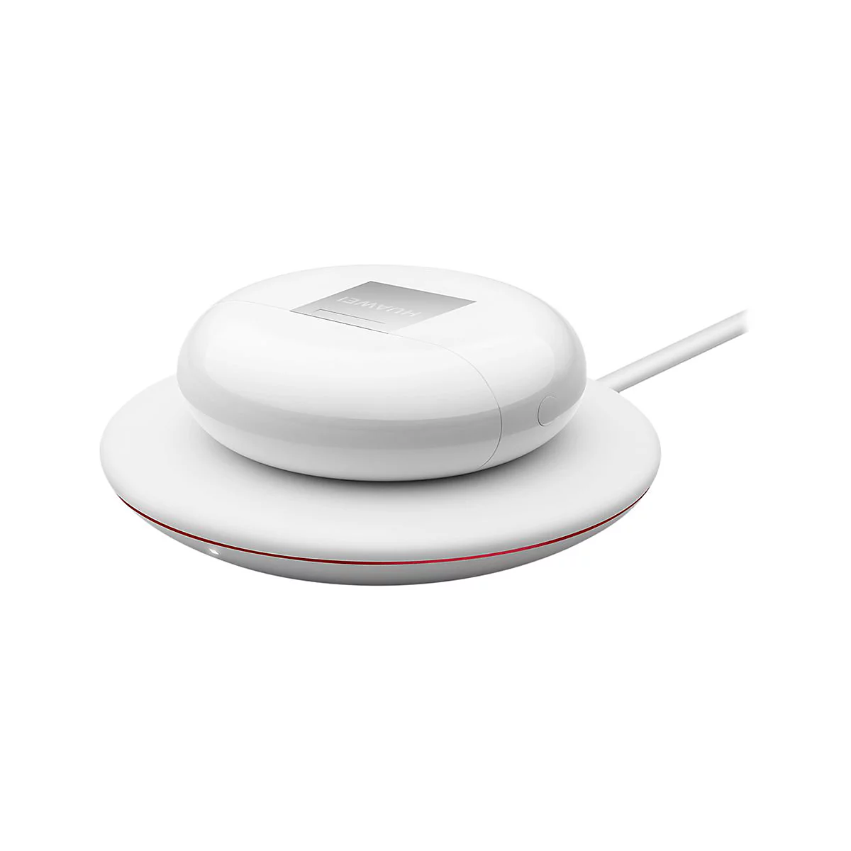 Kabellose Kopfhörer auf Ladestation. Weißes Design, roter Akzent. Auf der Oberseite steht HUAWEI.