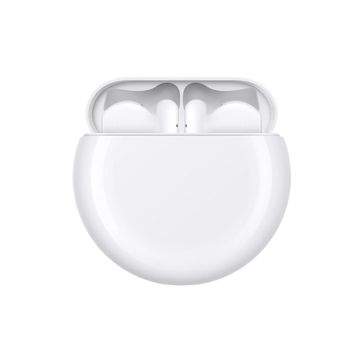 Weisse Ohrhörer in einer Ladebox, geöffnet. Die Ohrhörer sind im Inneren der Box sichtbar.