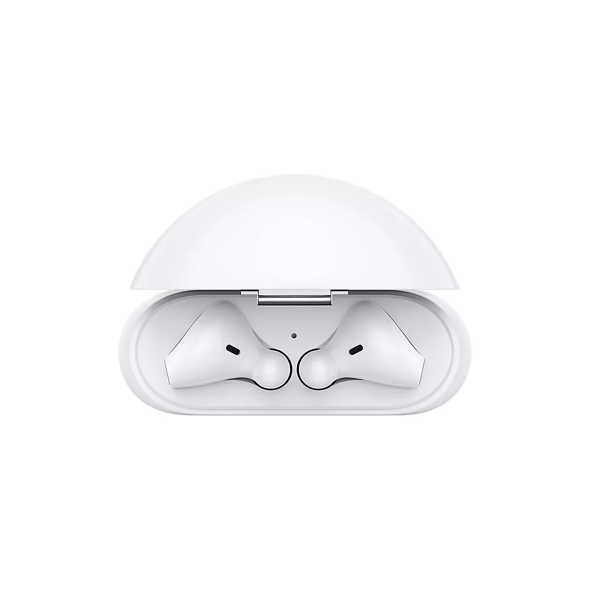 Weiße Kopfhörer in einer geöffneten Ladebox. Deckel halb geöffnet. Beide Kopfhörer sind zu sehen.