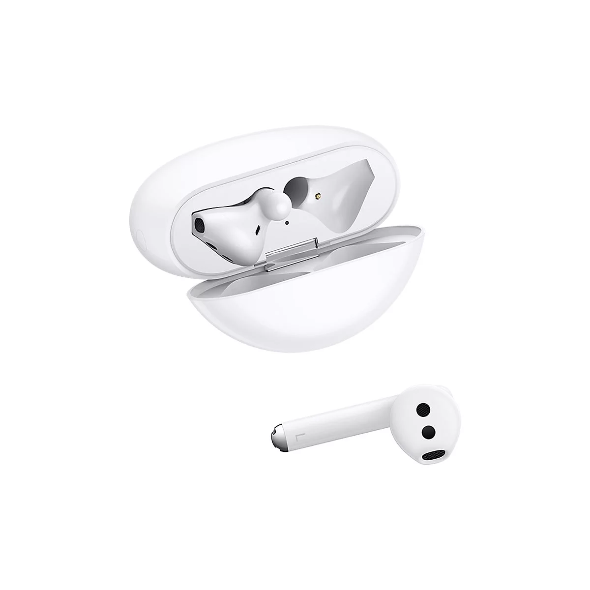 Weiße Kopfhörer in einer geöffneten Ladebox und ein einzelner Kopfhörer. Der Deckel der Box ist geöffnet, der Kopfhörer liegt im Inneren.