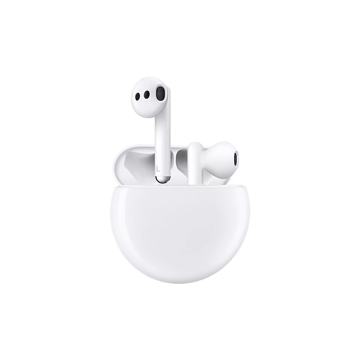 Weiße kabellose Kopfhörer in Ladeschale.