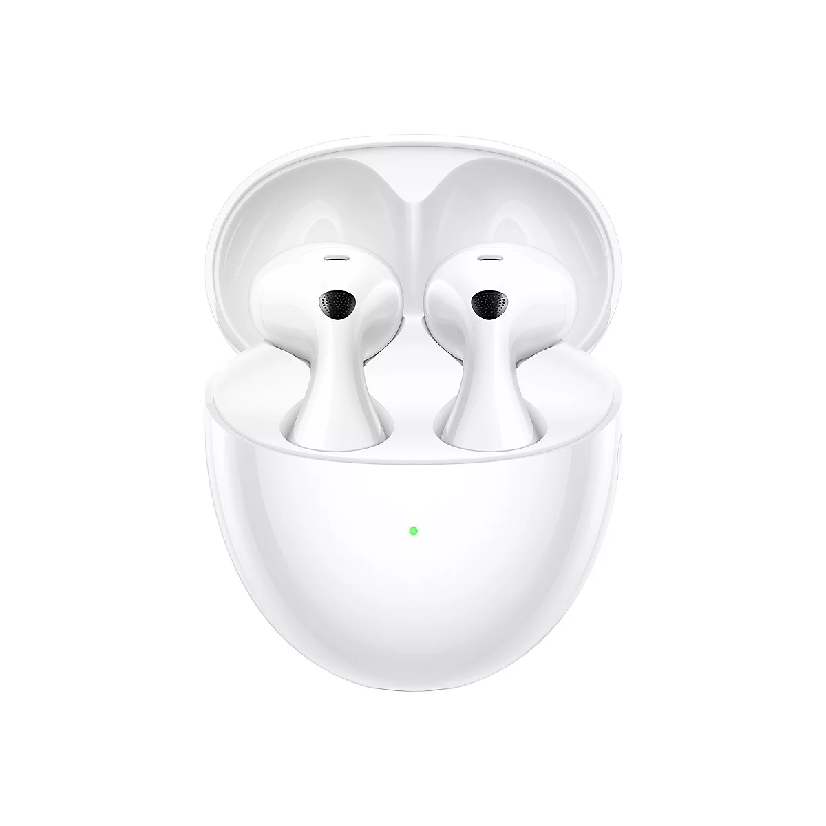 Weiße, kabellose In-Ear-Kopfhörer in einem geöffneten, weißen Ladecase vor neutralem Hintergrund.