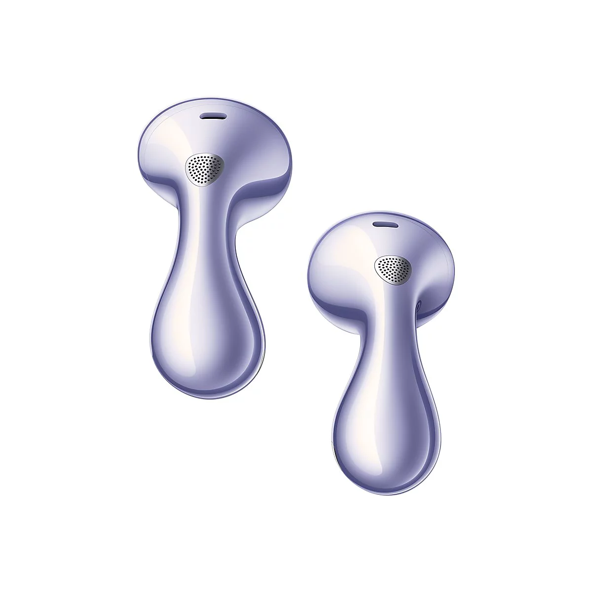 Zwei glänzend violette In-Ear-Kopfhörer vor weißem Hintergrund.