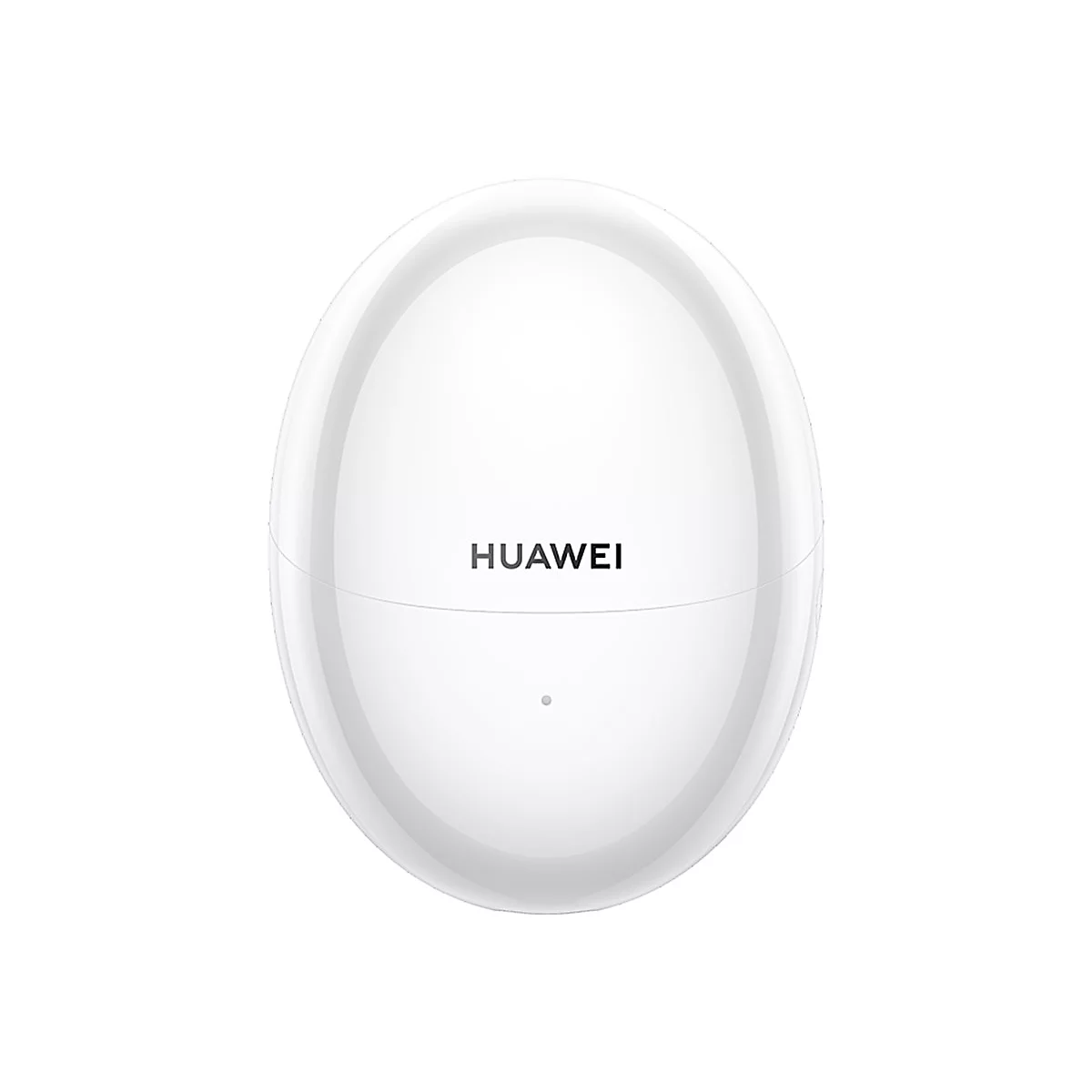 Weißes, ovales Ladecase für Huawei Kopfhörer mit Logo und kleiner LED auf weißem Hintergrund.