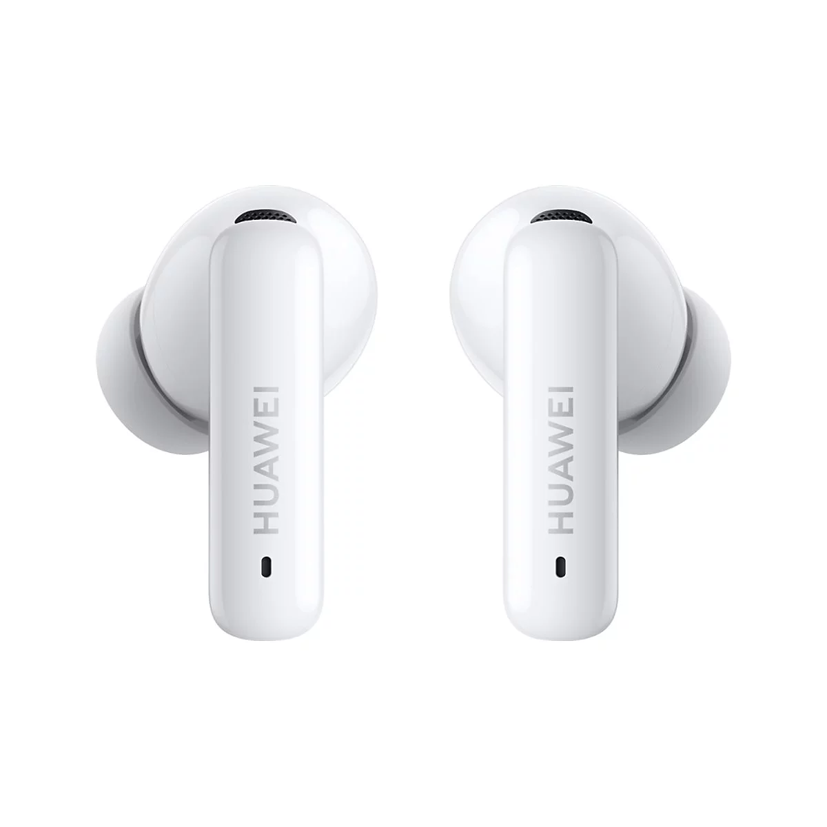 Zwei weiße Huawei In-Ear-Kopfhörer vor weißem Hintergrund.
