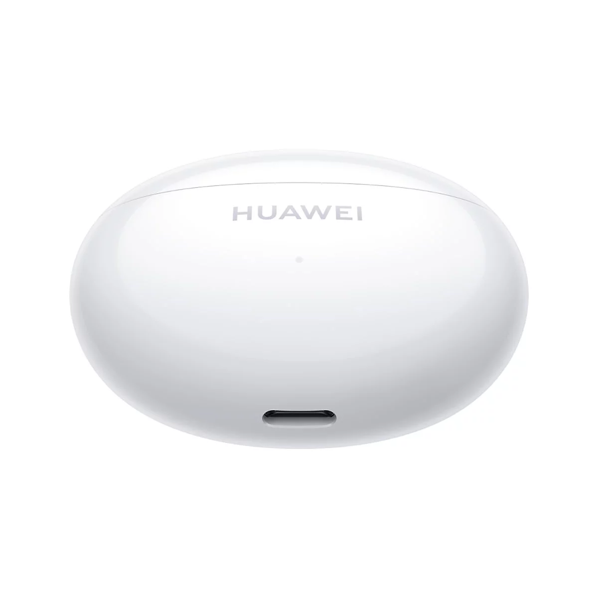Weißes, ovales Ladecase für Huawei Kopfhörer mit USB-C-Anschluss auf der Unterseite.