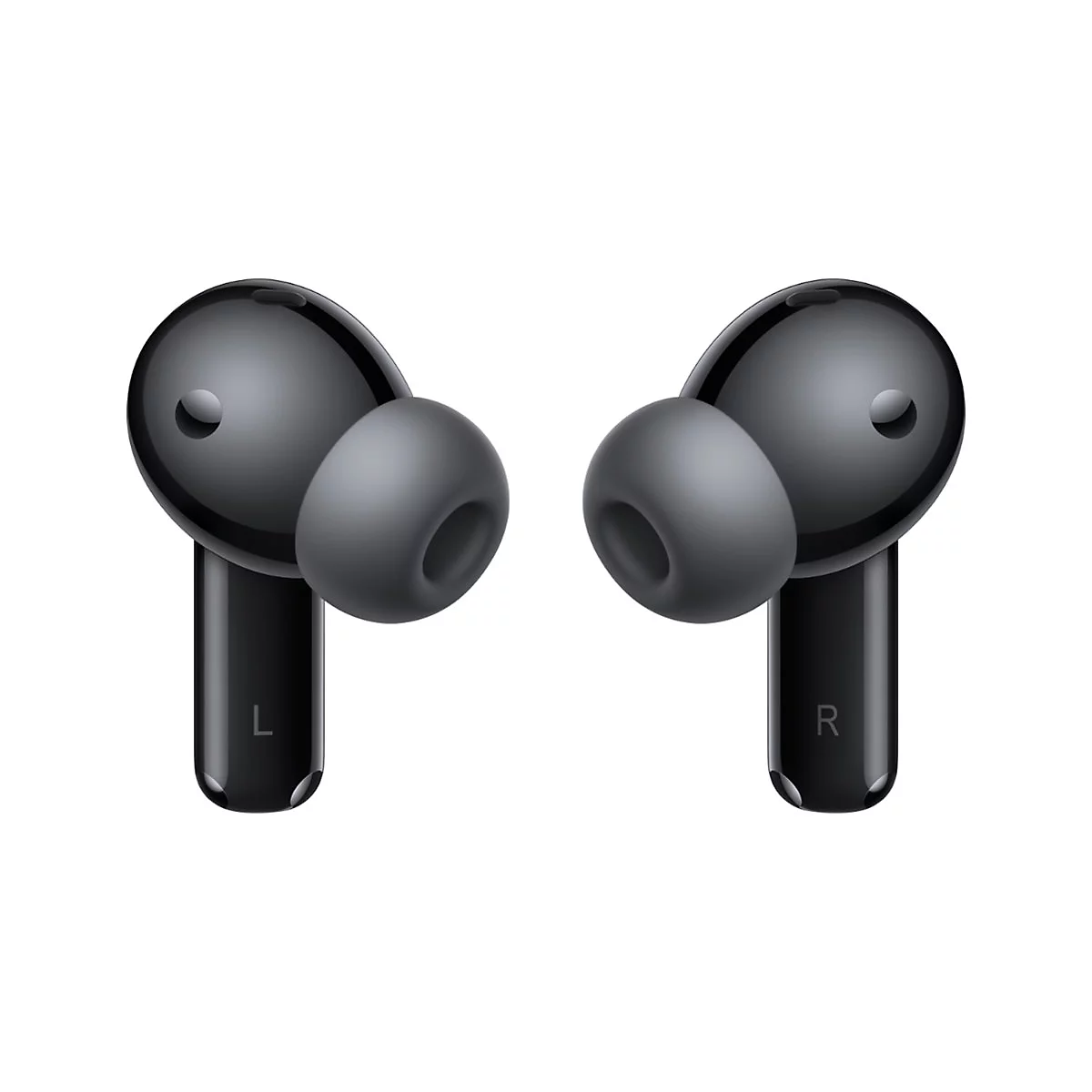 Zwei schwarze In-Ear-Kopfhörer mit Silikonstöpseln vor weißem Hintergrund.
