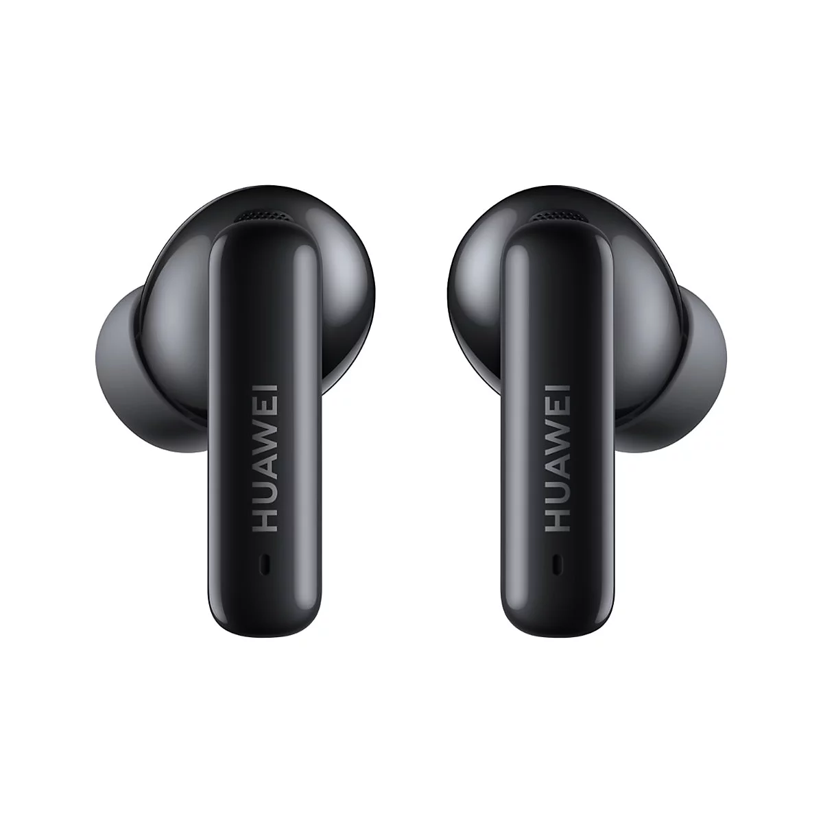 Zwei schwarze glänzende Huawei In-Ear-Kopfhörer vor weißem Hintergrund mit gut sichtbarem Huawei-Logo.