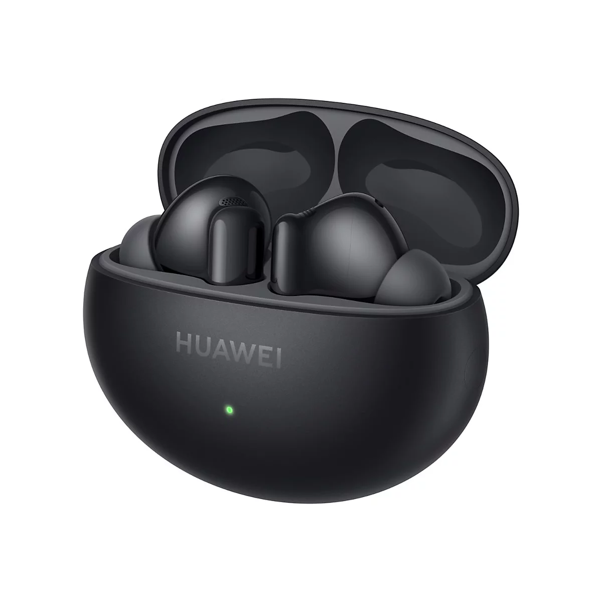 Schwarze Huawei In-Ear-Kopfhörer in einem geöffneten Ladecase vor weißem Hintergrund.