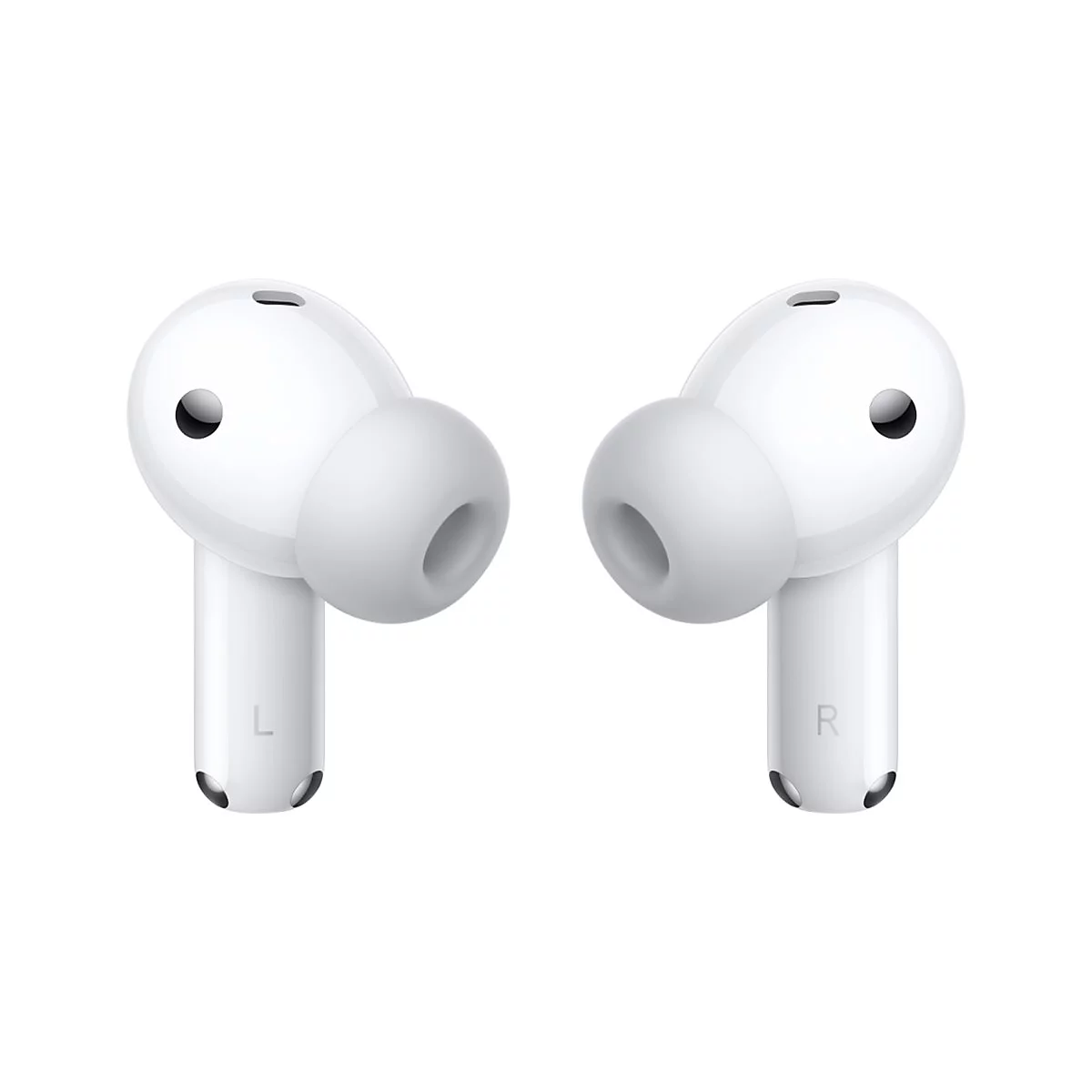 Zwei weiße In-Ear-Kopfhörer mit Silikonaufsätzen vor weißem Hintergrund, gekennzeichnet mit L und R.