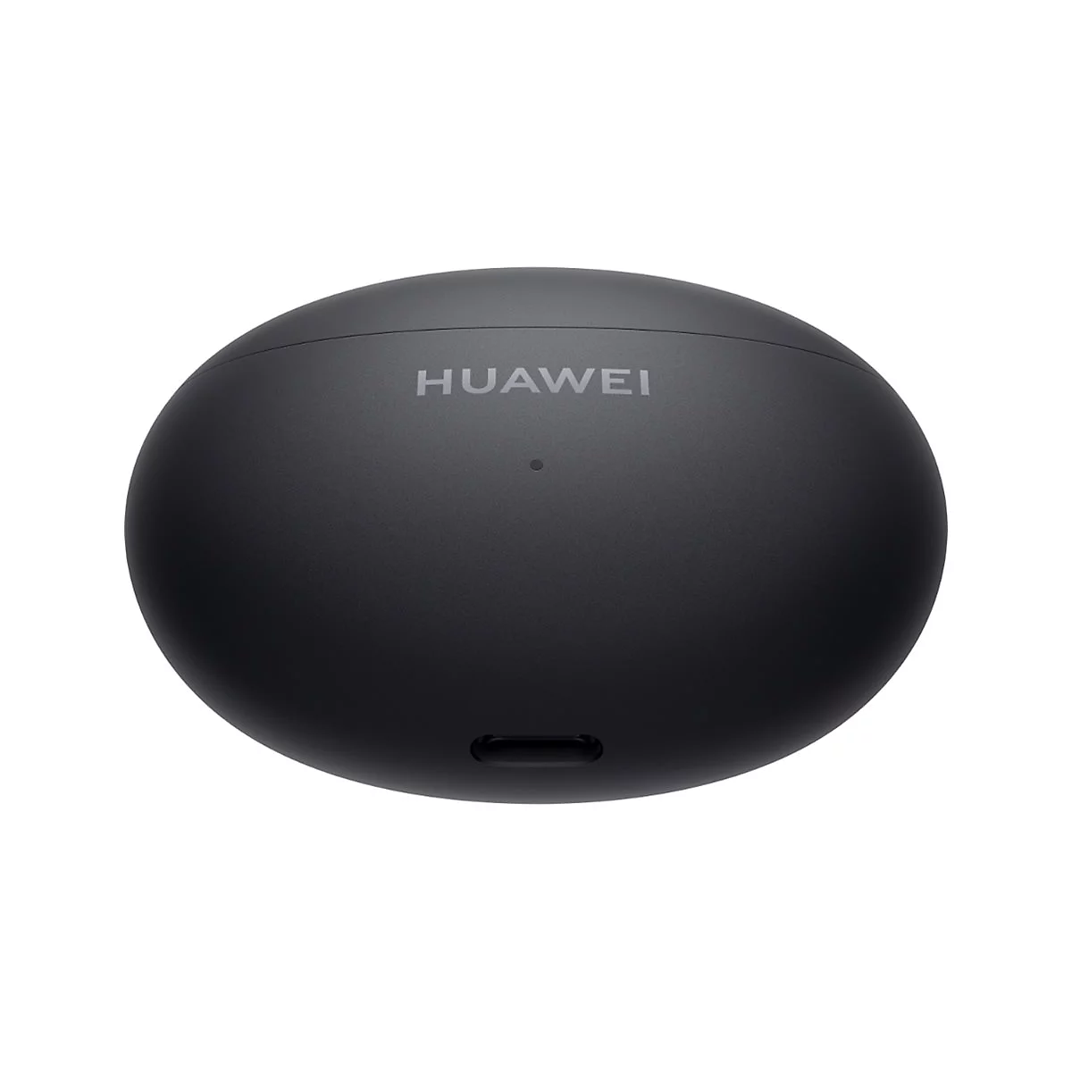 Schwarzes, ovales Ladecase für Huawei Kopfhörer mit Markenlogo und Ladeanschluss vor weißem Hintergrund.