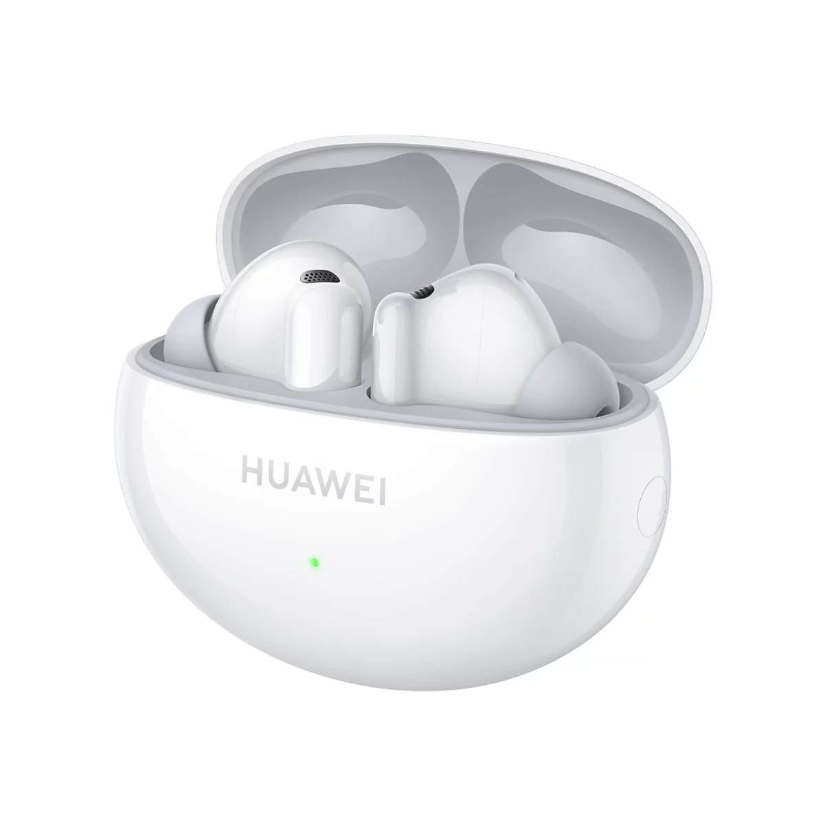 Weiße Huawei In-Ear-Kopfhörer in einem geöffneten, weißen Ladecase vor neutralem Hintergrund.