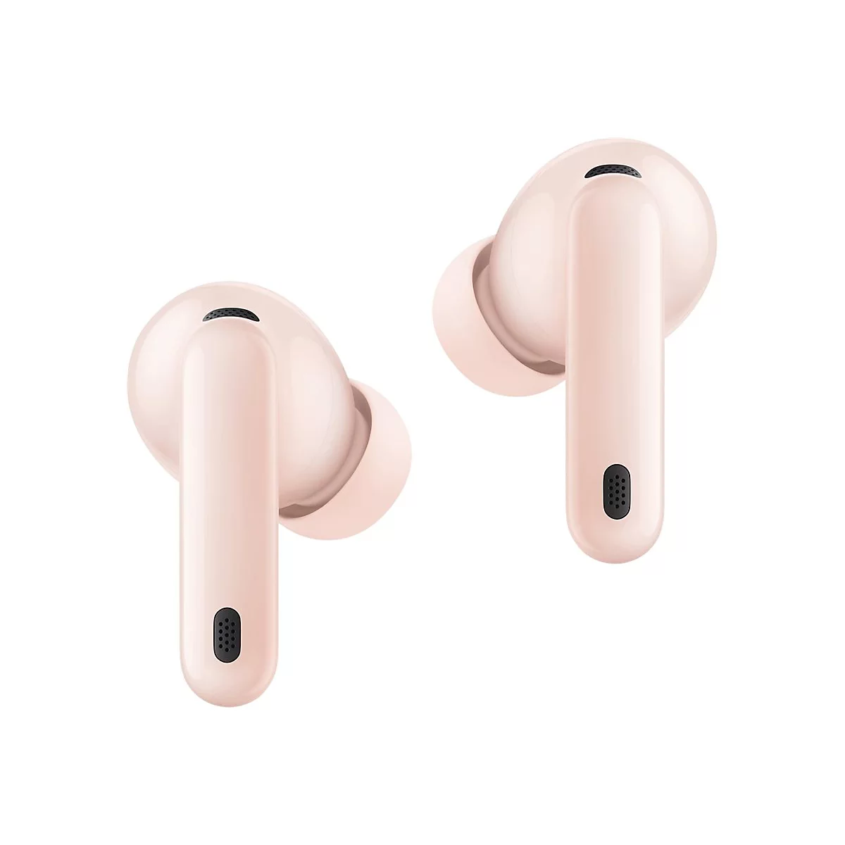 Zwei hellrosa In-Ear-Kopfhörer vor weißem Hintergrund.