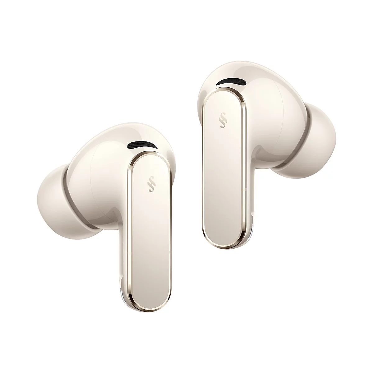 Zwei cremefarbene, elegante In-Ear-Kopfhörer mit goldenen Akzenten vor einem weißen Hintergrund.
