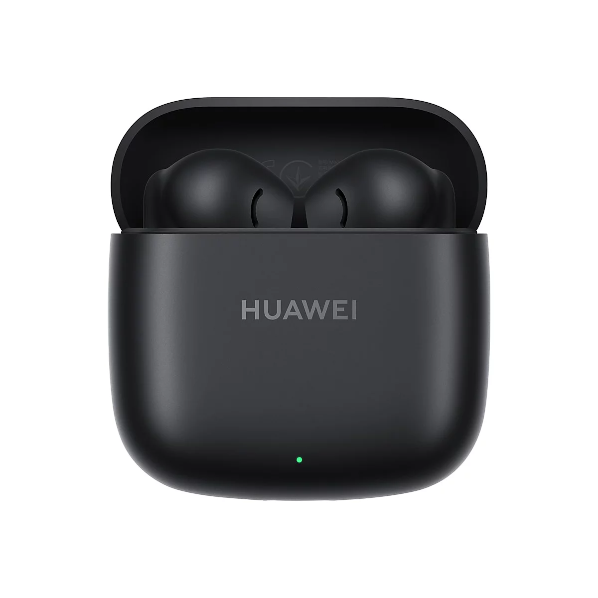Schwarzes Huawei Ladecase mit geöffnetem Deckel und zwei eingesetzten schwarzen In-Ear-Kopfhörern.