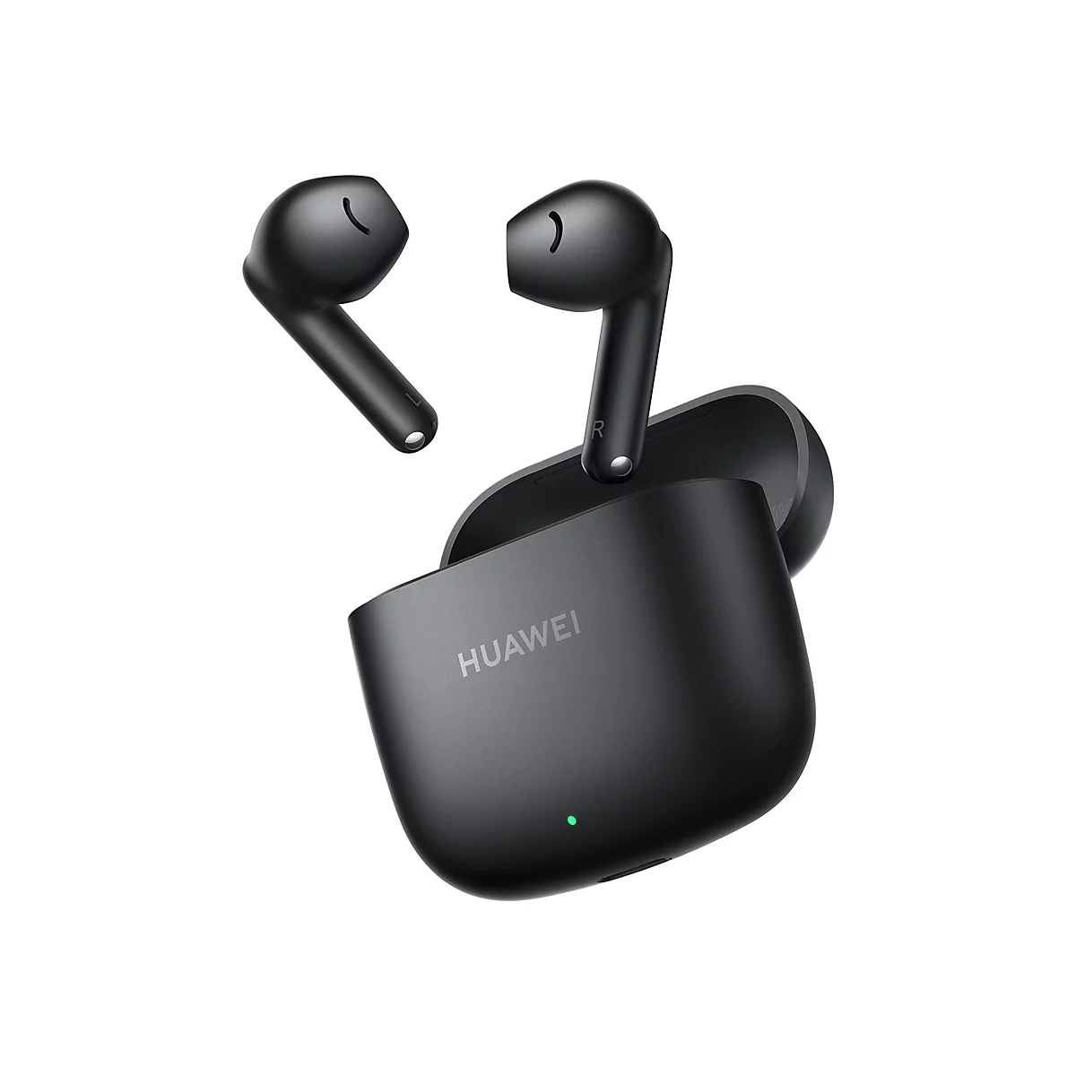 Schwarze Huawei In-Ear-Kopfhörer mit Ladecase vor weißem Hintergrund.