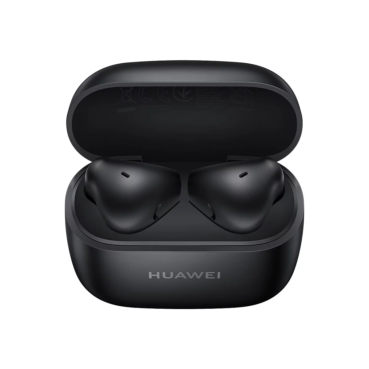 Schwarzes Huawei Ladecase mit zwei In-Ear-Kopfhörern im offenen Zustand vor weißem Hintergrund.
