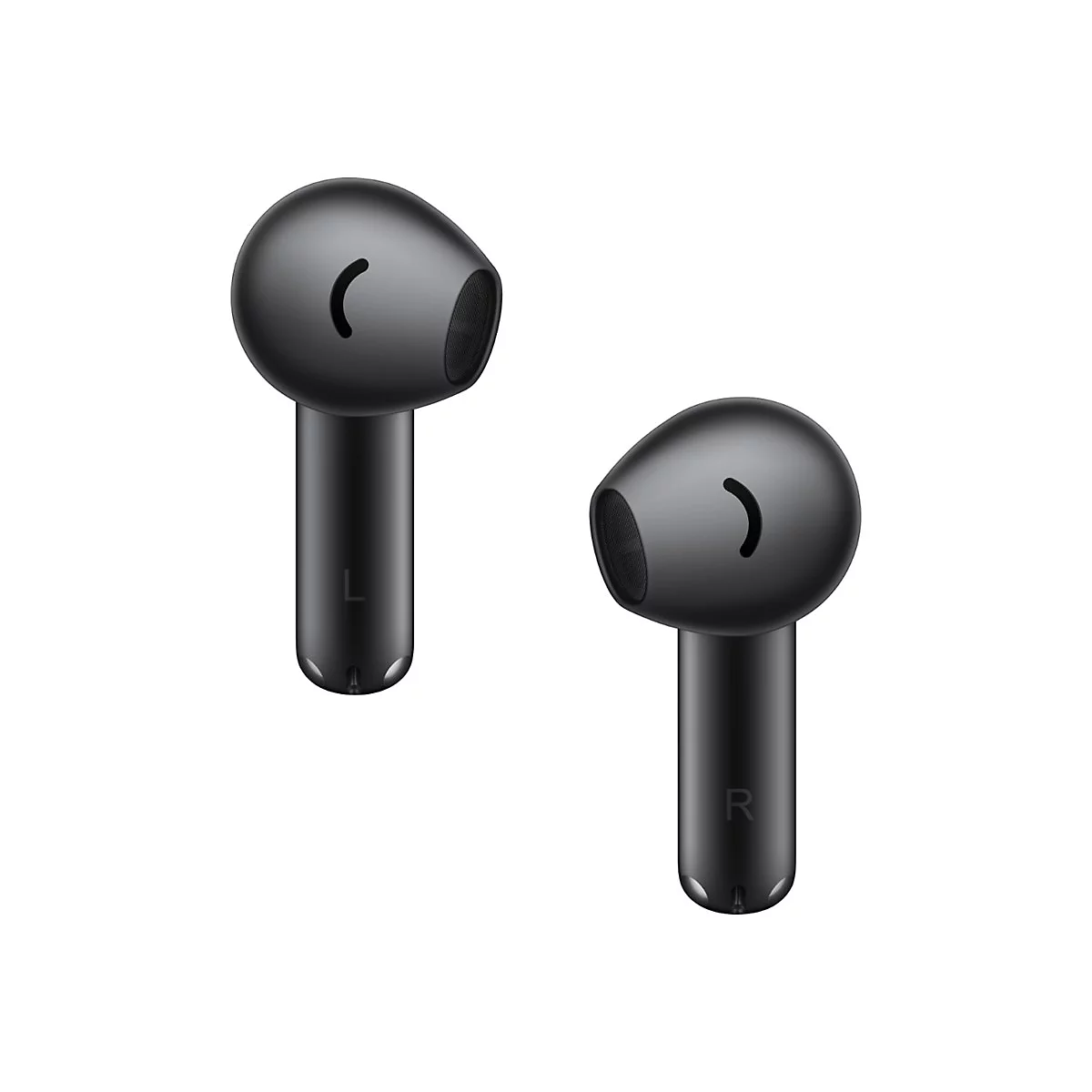 Zwei schwarze In-Ear-Kopfhörer vor weißem Hintergrund. Die Ohrhörer sind mit L und R gekennzeichnet.