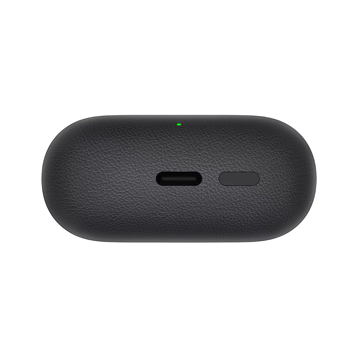 Schwarzes, ovalförmiges Ladecase mit Lederstruktur, USB-C-Anschluss, Seitentaste und kleiner grüner LED.