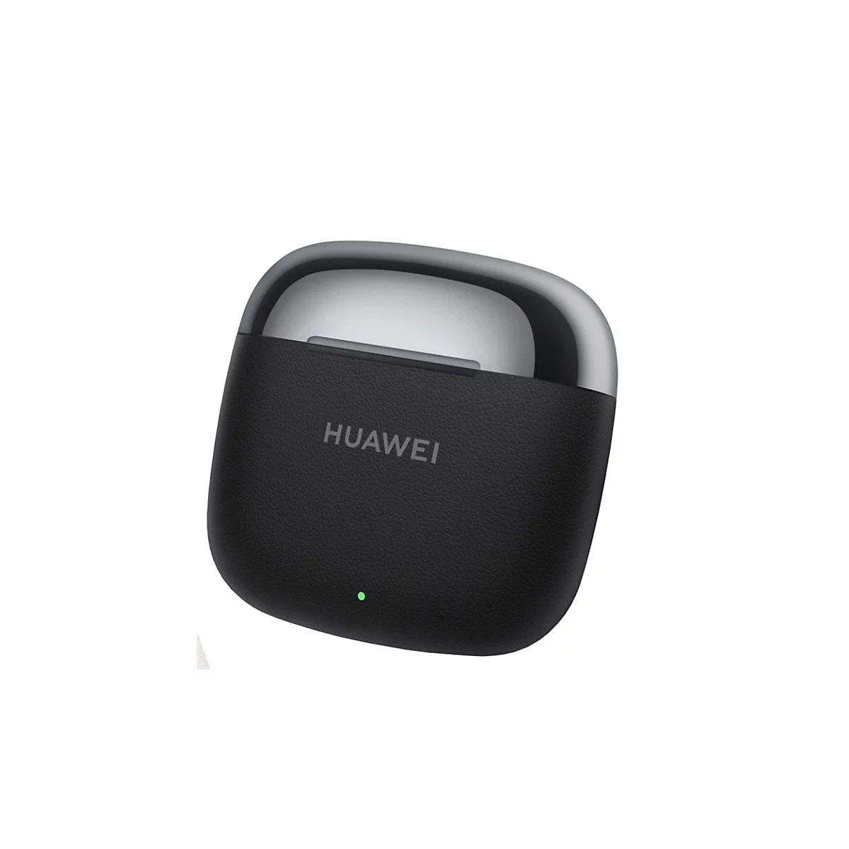 Schwarzes Huawei Ladecase für Kopfhörer mit silbernem Deckel und grün leuchtender Status-LED.