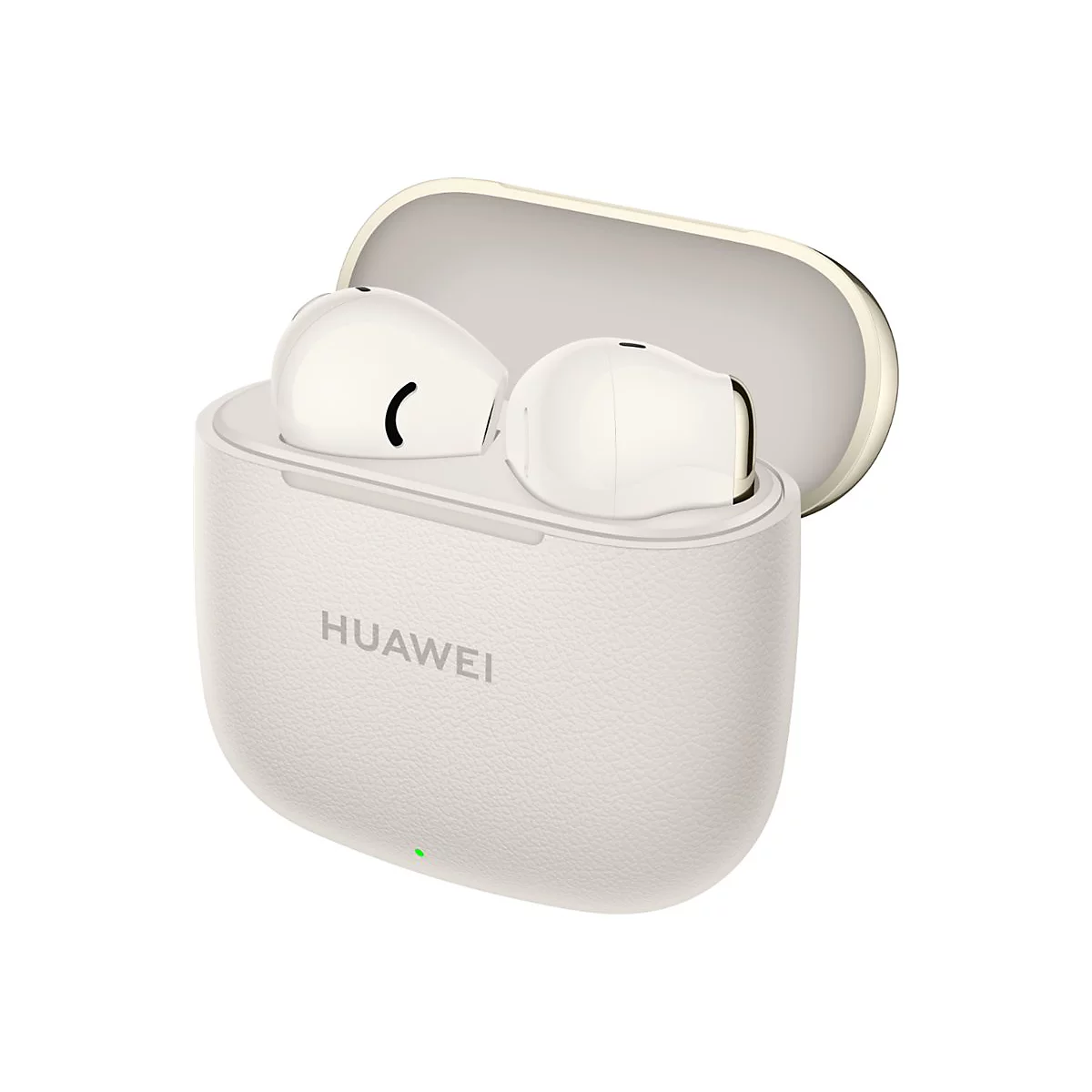 Weiße Huawei In-Ear-Kopfhörer in einem offenen, strukturierten Ladecase vor weißem Hintergrund.