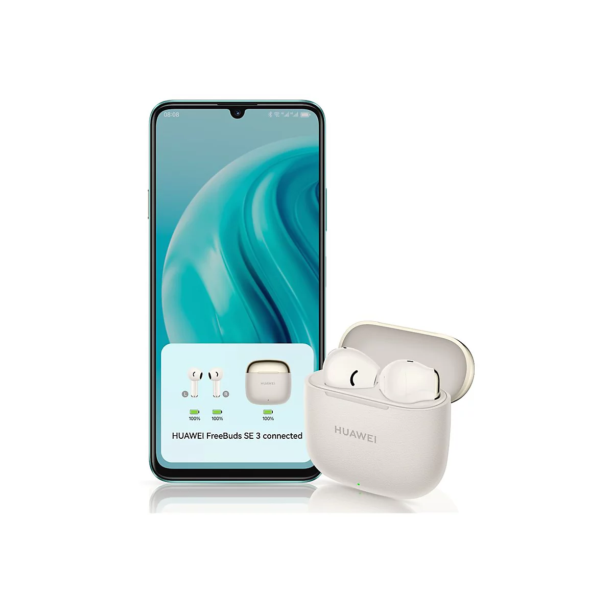 Ein Smartphone zeigt eine Verbindungsanzeige für Huawei FreeBuds SE 3 mit Ladestatus neben dem Ladecase.