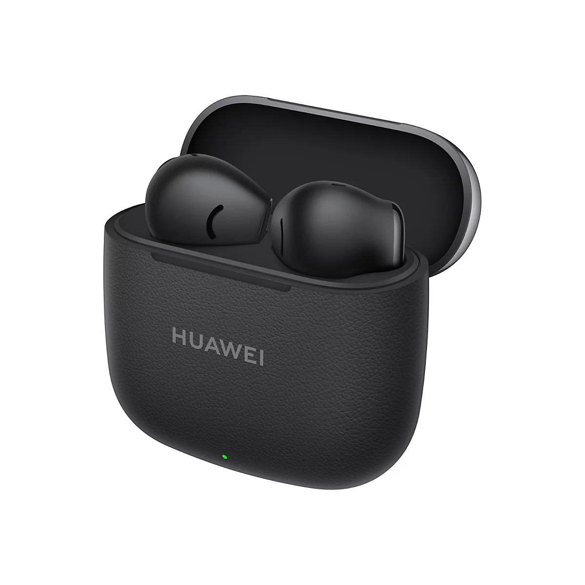 Schwarze Huawei In-Ear-Kopfhörer in einem offenen, lederartigen Ladecase vor weißem Hintergrund.