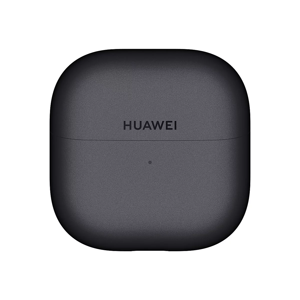 Schwarzes Huawei Ladecase für Ohrhörer in quadratischer Form mit abgerundeten Ecken vor weißem Hintergrund.
