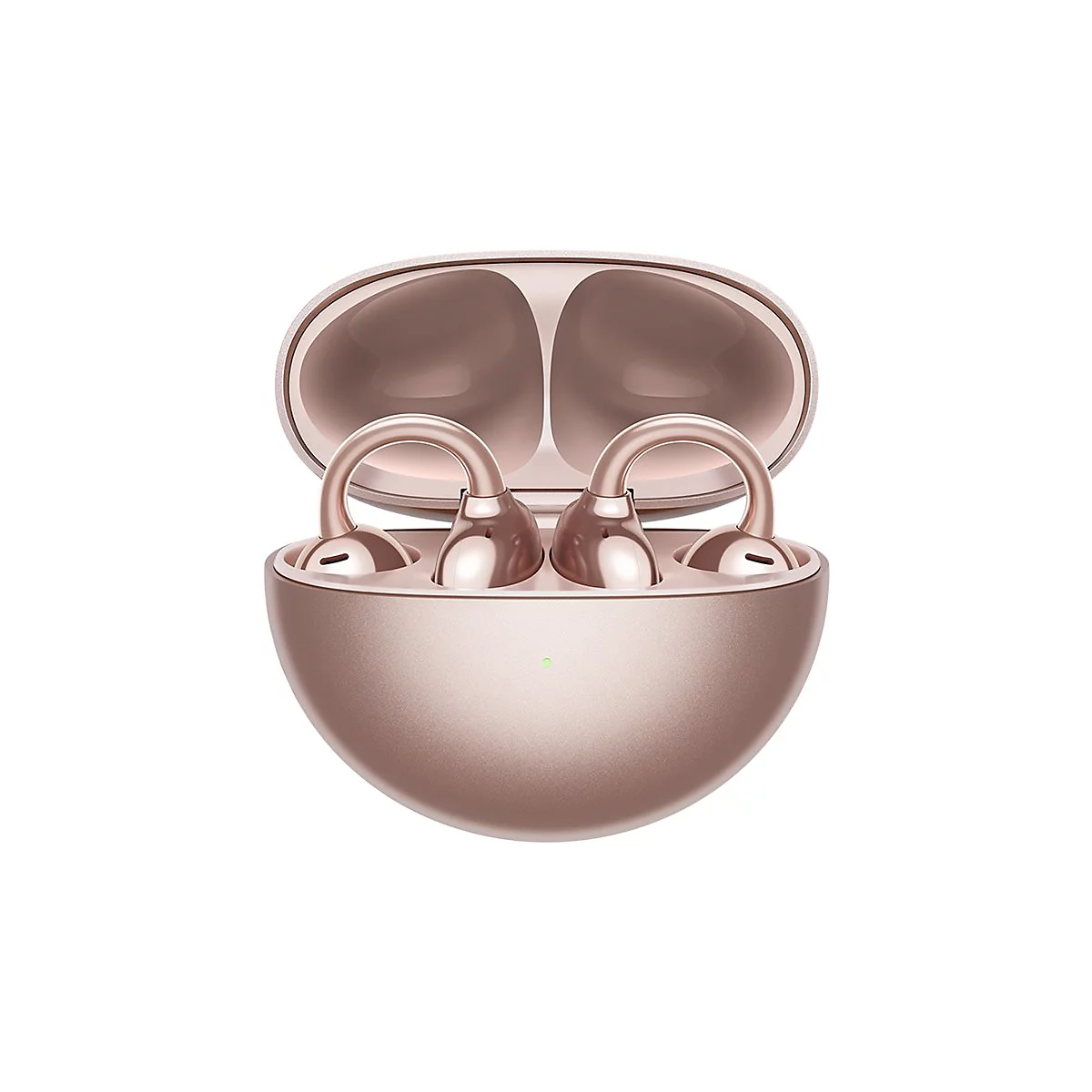 Roségoldene In-Ear-Kopfhörer in offenem, kugelförmigem Lade-Etui vor weißem Hintergrund.