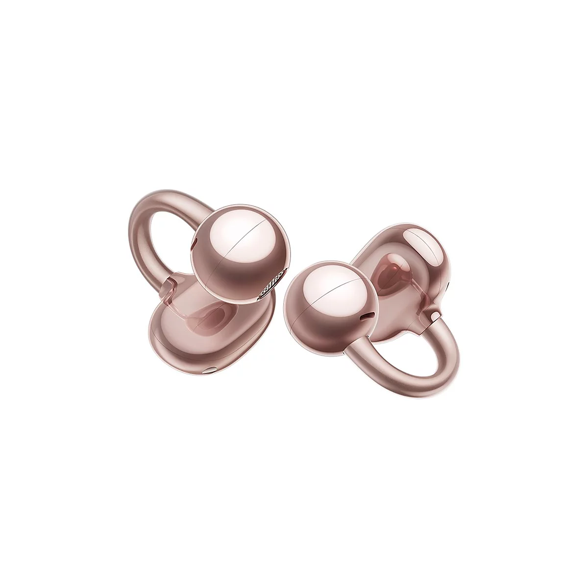 Zwei moderne, glänzende Ohrhörer in Roségold mit offenem Ring-Design vor weißem Hintergrund.