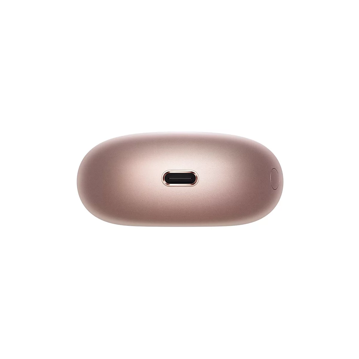 Nahaufnahme der roséfarbenen Ladebox eines Kopfhörers mit USB-C-Anschluss.